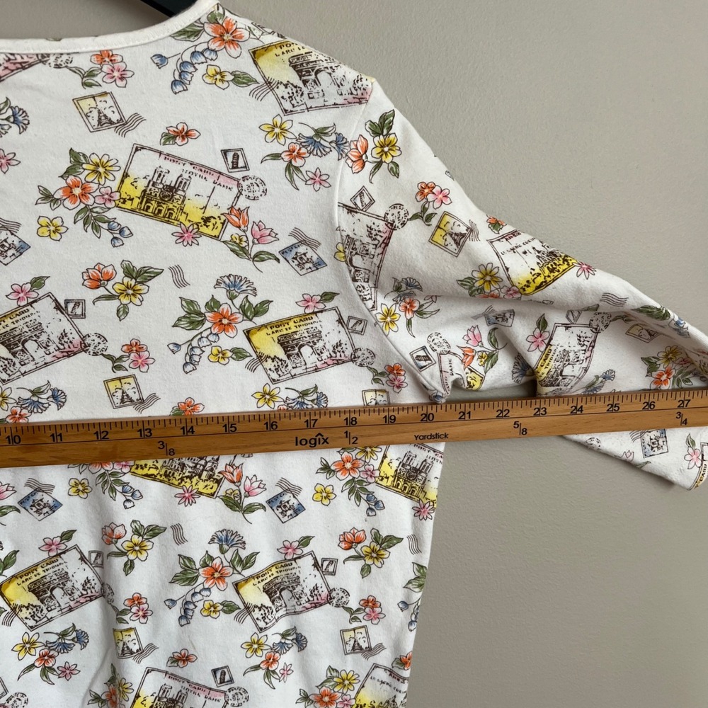 Vintage 90's Paris Euro Postcard Graphic Floral 3/4 Sleeve Artsy Conversational - Picture 3 of 5